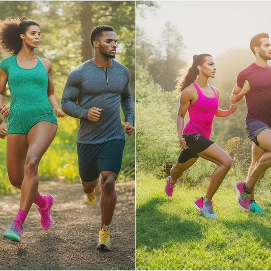 A vibrant outdoor scene featuring diverse individuals wearing stylish knee support shoes while jogging, hiking, and engaging in yoga. Lush greenery, dynamic movement, and supportive footwear highlighted in bright colors against a sunny backdrop.