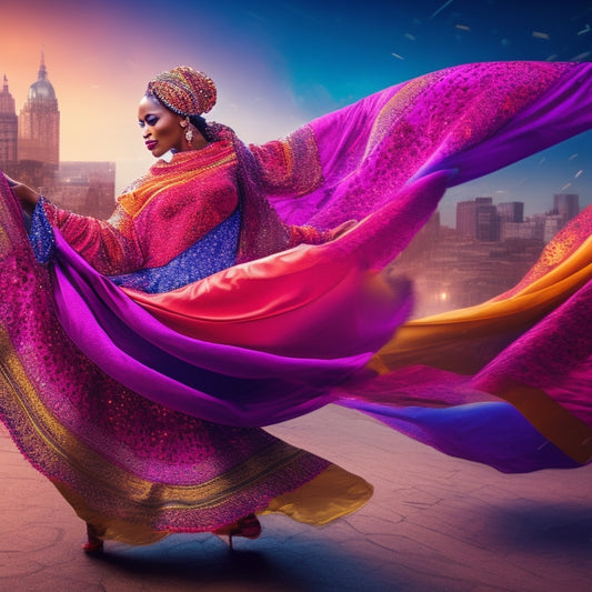 A vibrant illustration of a dancer in motion, surrounded by swirling fabric patterns, colorful scarves, and musical notes, with a cityscape or stage lights blurred in the background.