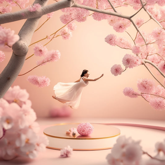 A whimsical illustration featuring delicate cherry blossoms, intertwined with abstract dance-inspired shapes, against a soft, pastel-colored background, evoking the gentle essence of spring.