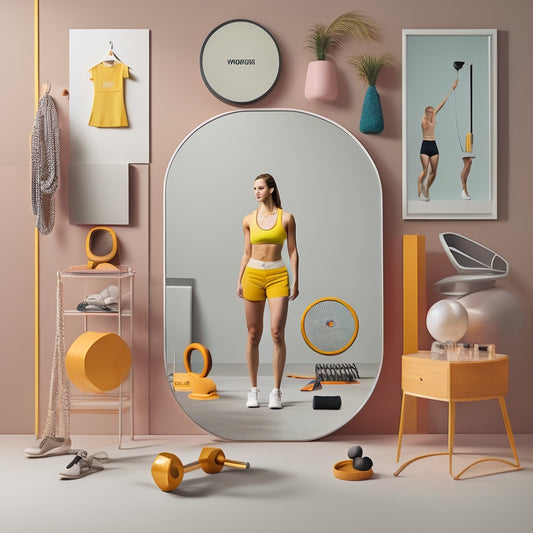 A minimalist illustration featuring a woman wearing culottes, standing in front of a mirror, with a mixture of workout equipment and fashion accessories scattered around her, surrounded by subtle fitness-inspired shapes.