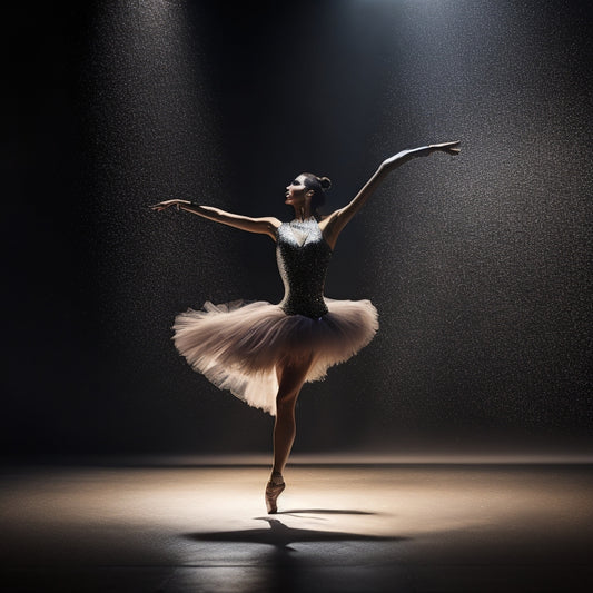 A spotlight shines on a dancer in a dramatic pose, surrounded by dark shadows, with a subtle sparkle effect on their outfit, and a faint digital grid overlay in the background.