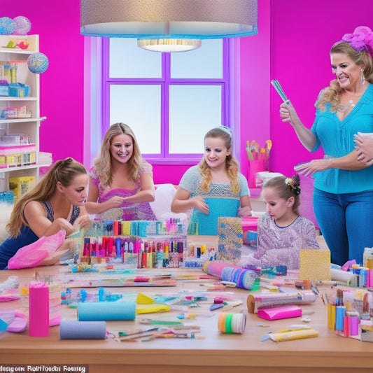 A colorful illustration featuring a group of moms from the TV show "Dance Moms" surrounded by craft supplies, glue guns, and half-finished DIY projects, with dance studio mirrors and ballet bars in the background.