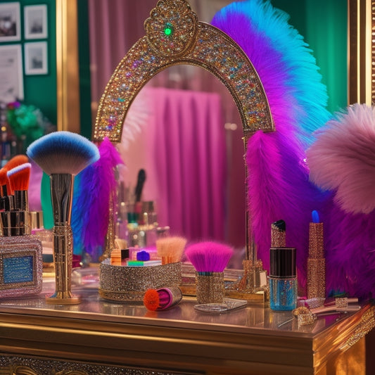 A glamorous, spotlit makeup station with a vanity mirror, surrounded by an array of colorful cosmetics, brushes, and dance-inspired accessories like feathered headdresses and sequined fabrics.