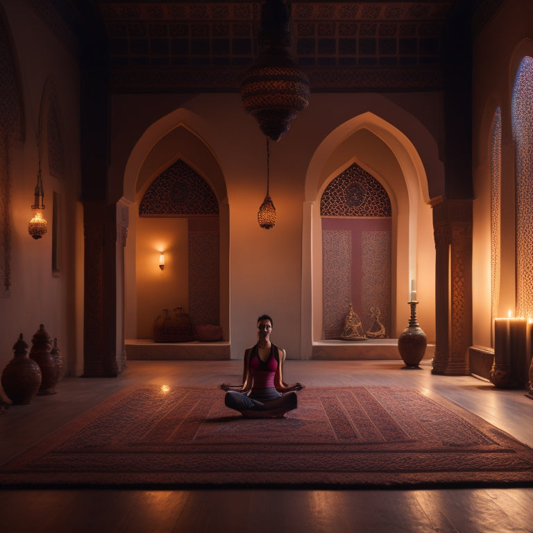 A serene, dimly lit yoga studio with Moroccan tiles, featuring a lone yogi in warrior pose, surrounded by candles, lanterns, and intricate Arabic patterns, with a subtle, gradient sunset hue.