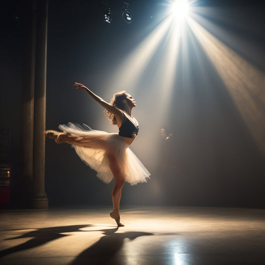 A dimly lit dance studio with a single spotlight shining down on a leaping dancer, surrounded by blurred movement lines, capturing the dynamic energy of motion.