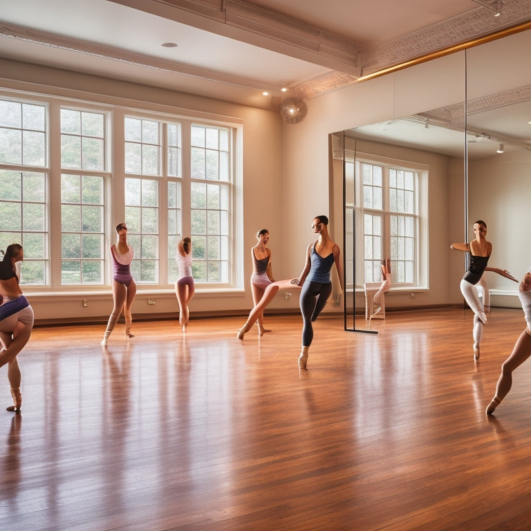 A serene dance studio interior with a polished wooden floor, mirrors, and a ballet barre, featuring a few dancers in various poses, with one adjusting a pointe shoe and another stretching.