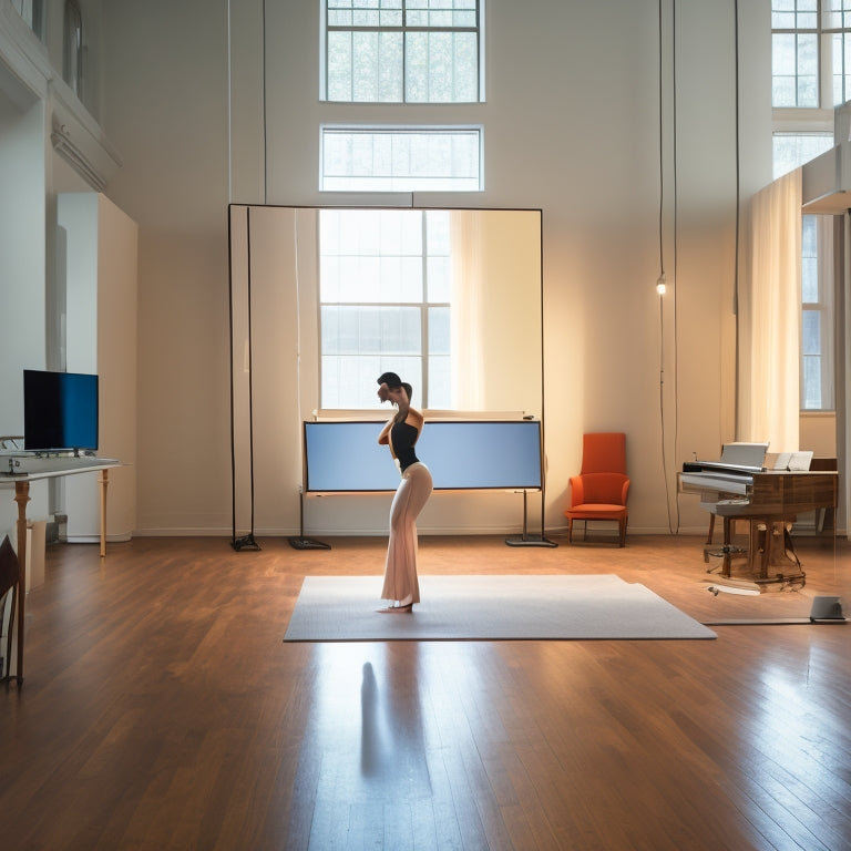 A serene, minimalist studio with a large mirror and wooden floor, where a dancer in a flowing outfit stretches in a perfect arabesque, surrounded by laptops and tablets with dance tutorials playing.
