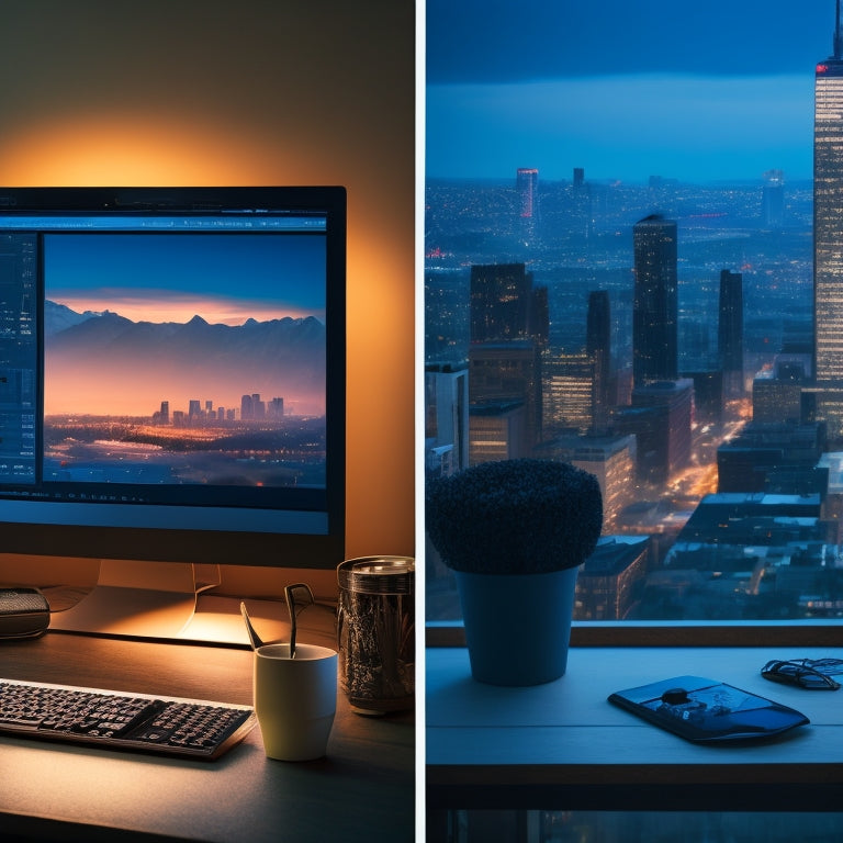 A split-screen image featuring a professional photographer's workspace with a computer displaying Adobe Lightroom and Photoshop interfaces, alongside a camera and lenses, versus a darkened cityscape at dusk with a subtle glow of screens and camera lights.