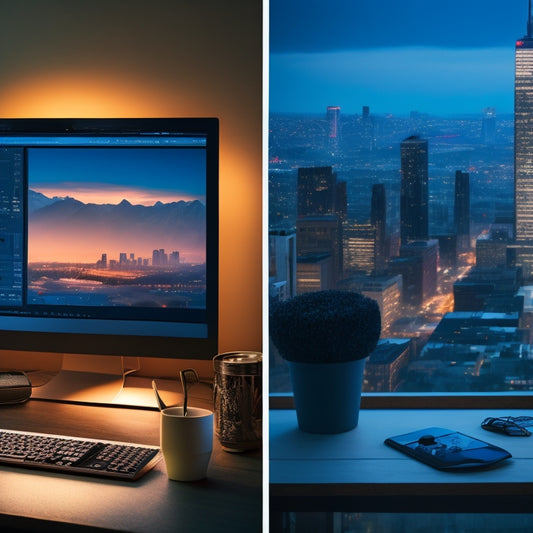 A split-screen image featuring a professional photographer's workspace with a computer displaying Adobe Lightroom and Photoshop interfaces, alongside a camera and lenses, versus a darkened cityscape at dusk with a subtle glow of screens and camera lights.