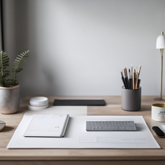 A minimalist desk with a tidy calendar, a single paintbrush, and a laptop with an open digital planner, surrounded by subtle artistic elements like sketches and color swatches.