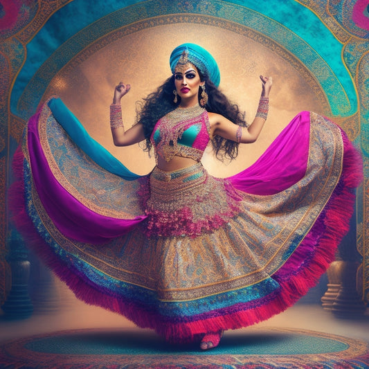 A whimsical illustration featuring a belly dancer in a vibrant, ornate costume, surrounded by swirling patterns of Arabic calligraphy, with a subtle Instagram-inspired frame in the background.