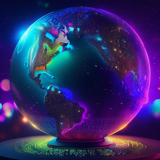 A stylized, futuristic globe with glowing, swirling patterns of colorful lights, surrounded by dancing silhouettes in various styles, with spotlights and neon accents in the background.