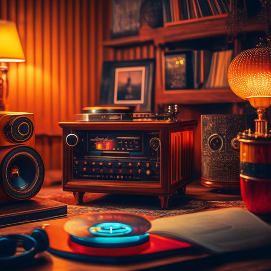 A warm, dimly lit vintage stereo system with vinyl records and headphones scattered around, surrounded by glowing forum threads and discussion bubbles in a retro-futuristic atmosphere.