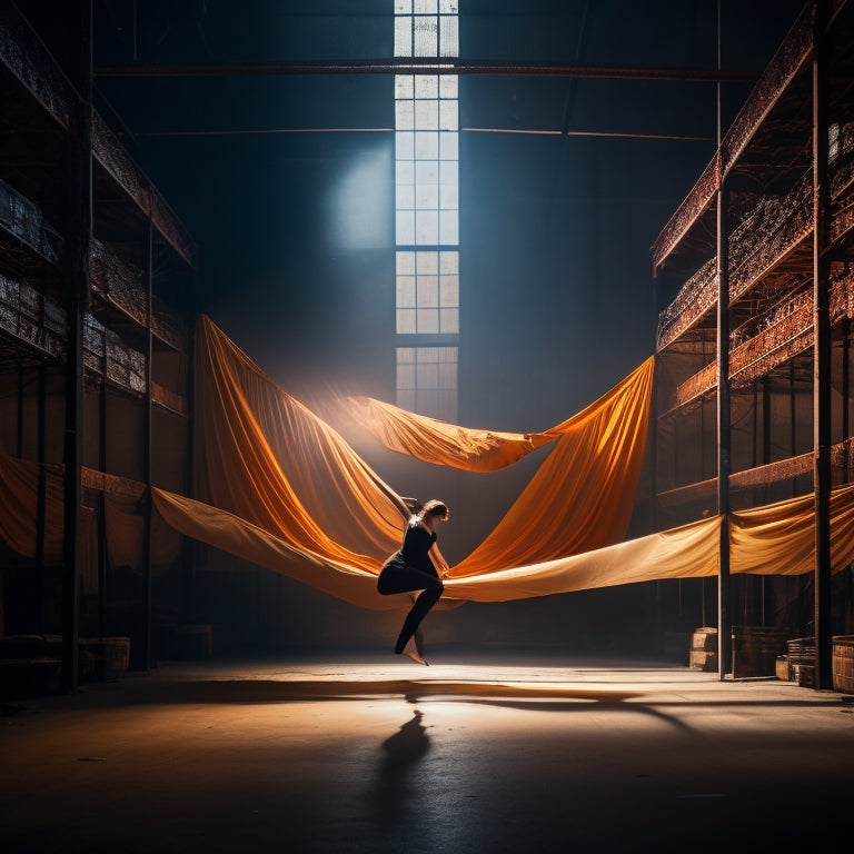 A dimly lit, abandoned warehouse interior with a lone dancer in motion, surrounded by suspended fabric installations that undulate like waves, amidst a backdrop of rusty machinery and industrial pipes.