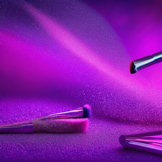 A colorful, abstract background featuring makeup brushes, glitter, and rhinestones, surrounded by dancing silhouettes, with a subtle gradient of bright pink and purple hues.