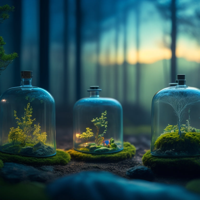 A dimly lit, misty atmosphere surrounds a series of transparent glass containers, each holding a miniature, surreal world with twisted trees, glowing moss, and delicate, ethereal dancers in motion.