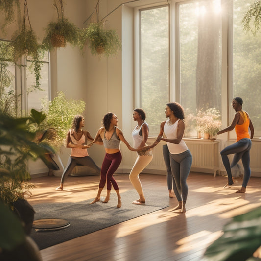 A serene, sunlit dance studio with a few people of diverse ages and body types in gentle, flowing movements, surrounded by calming plants and soft, natural light.