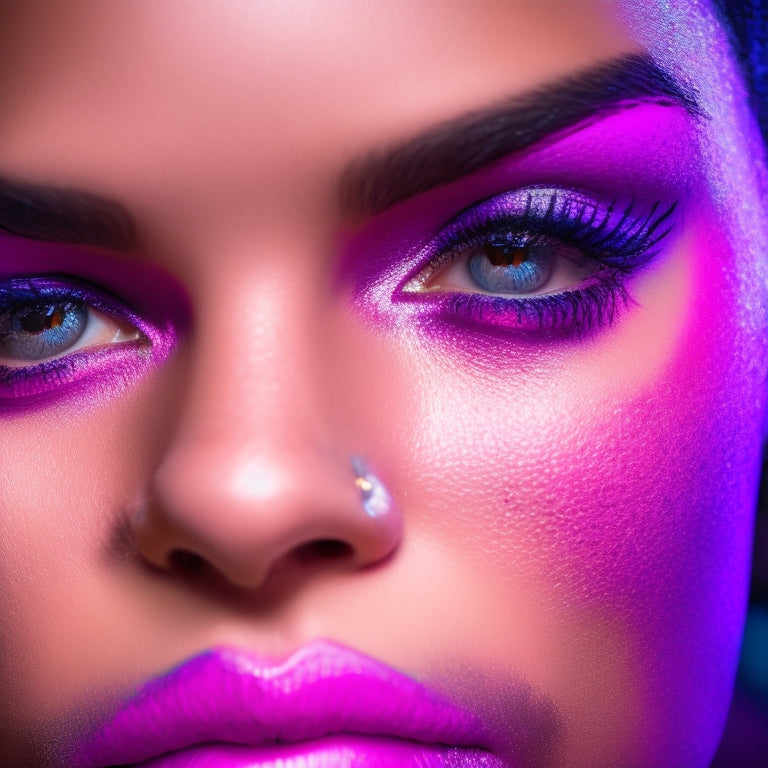 A close-up shot of a hip hop dancer's face, with bold, vibrant makeup, including bright pink lipstick, sharp eyeliner, and shimmery eyeshadow, set against a dark, blurred background of a dance studio.