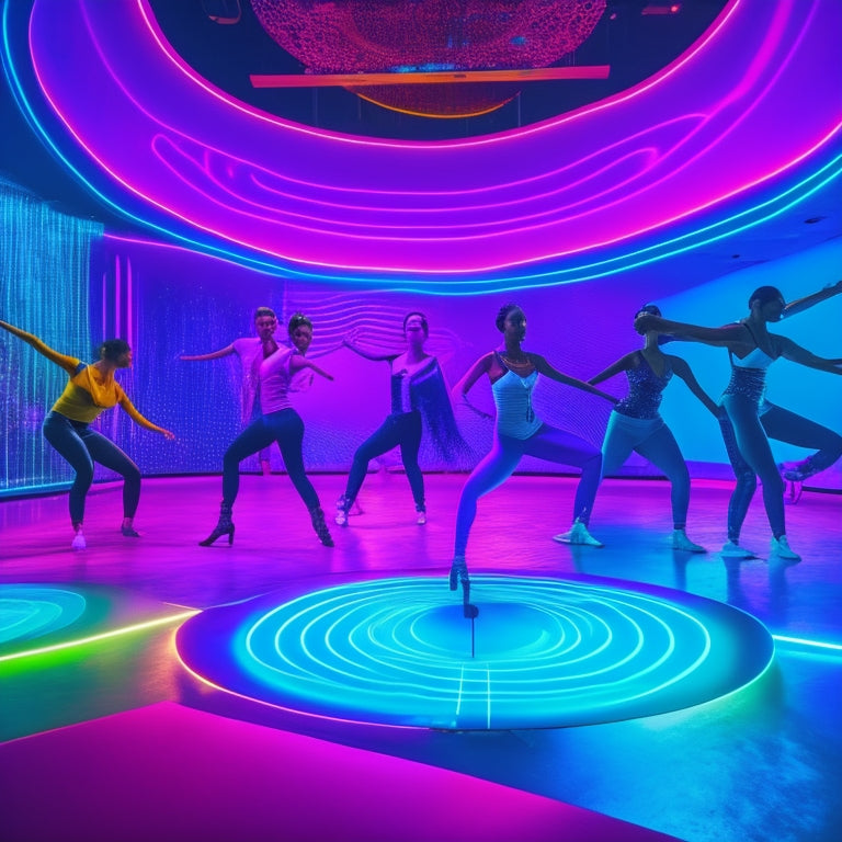 A vibrant, futuristic dance studio with virtual screens and augmented reality projections, surrounded by diverse dancers in motion, with neon lights and swirling patterns reflecting innovative e-learning.