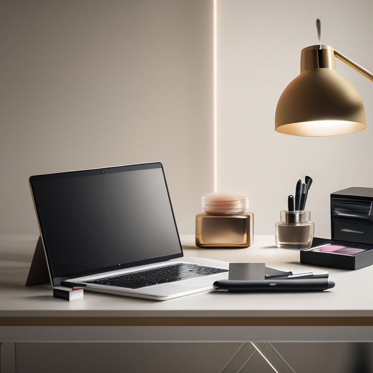 A minimalist workspace with a laptop, a tablet, and a smartphone, surrounded by makeup brushes, palettes, and skincare products, with a subtle background of a beauty salon or studio.