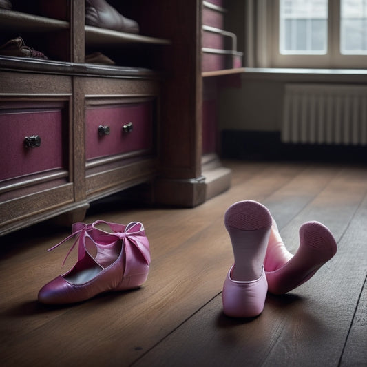 A delicate, pale-skinned ballet dancer's foot, adorned with a pink pointe shoe, rests on a dark wooden floor, surrounded by scattered toe pads and a faintly visible, ominously looming X-ray in the background.