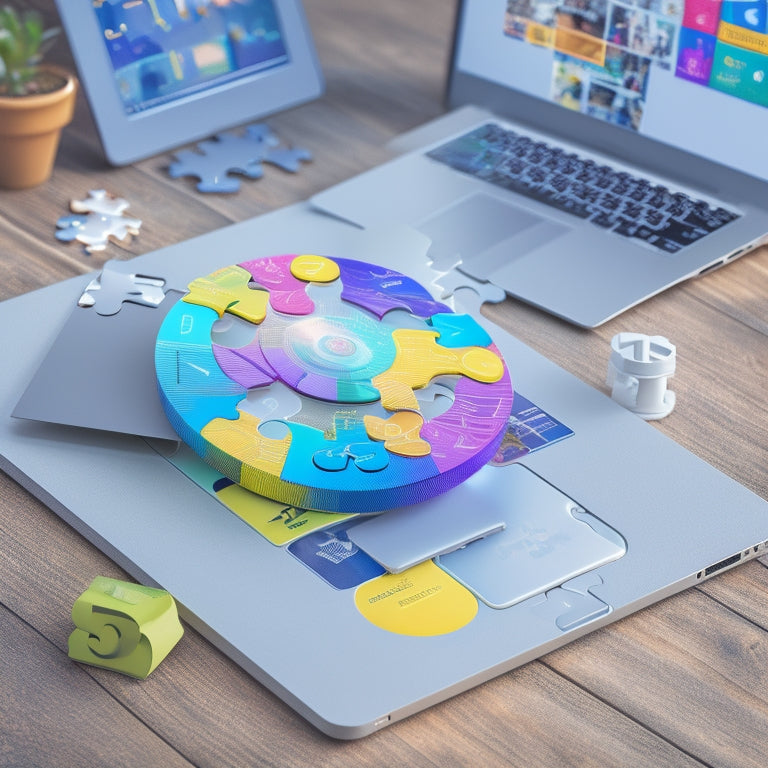 An illustration of a laptop surrounded by puzzle pieces, each containing icons representing different online resources (e.g. video conferencing, learning management systems, online libraries), forming a complete circle around the laptop.