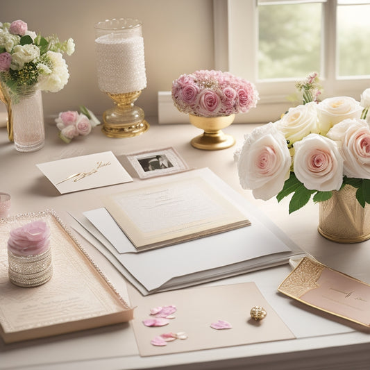 A serene, airy illustration of a elegant wedding planner's desk, adorned with delicate flowers, pearls, and lace, surrounded by intricately designed wedding invitations, and a few scattered rose petals.