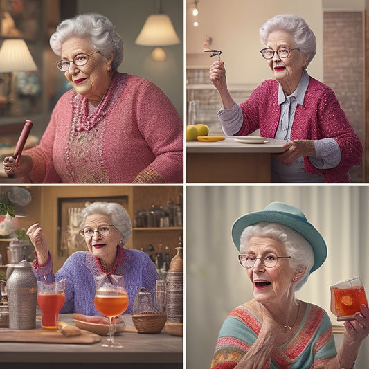 A whimsical illustration of a grandma character in various scenarios, showcasing different emotions and activities, such as dancing, holding a cocktail, and playing a musical instrument.