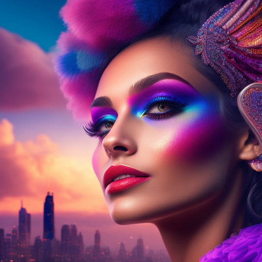 A vibrant, whimsical illustration of a woman's face with wings made of colorful makeup brushes, surrounded by swirling clouds of eyeshadow, with a subtle cityscape at dusk in the background.