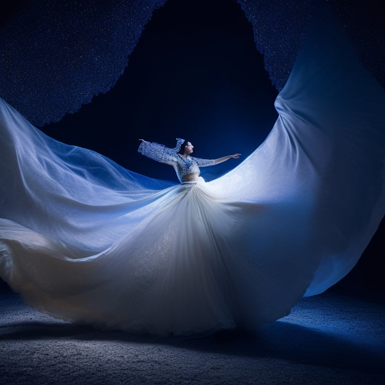 A mystical, moonlit scene: a lone, whirling dancer wielding a gleaming sword, surrounded by swirling silk fabrics, with intricate, glowing patterns and misty, ethereal lights in the background.