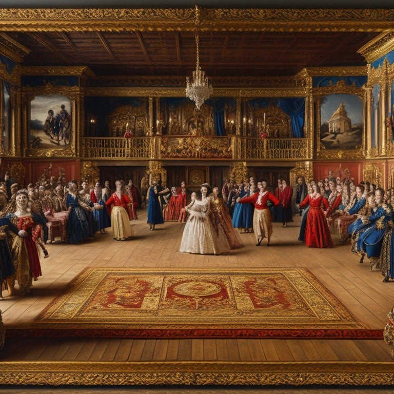 An ornate, golden-framed illustration of a 16th-century dance hall, with elegantly dressed couples performing galliard and volta amidst lavish furnishings and lush tapestries.