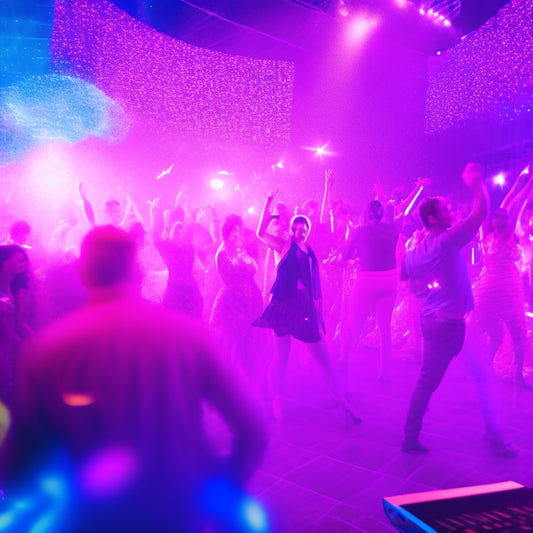 A vibrant, neon-lit dance floor with swirling lights and confetti, surrounded by dancing silhouettes, with a laptop and headphones in the foreground, emitting a glowing digital music wave.