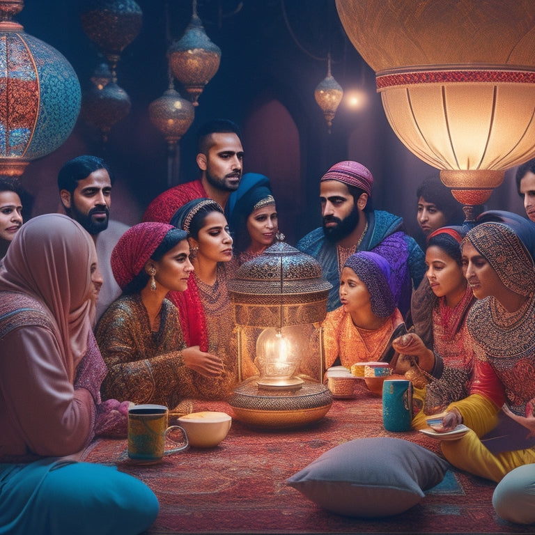 An illustration depicting a vibrant, intricately patterned Middle Eastern-inspired backdrop, with diverse people from various age groups and ethnicities gathered around a large, glowing lantern, surrounded by laptops and coffee cups.