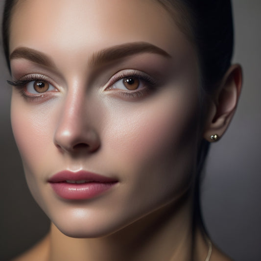 A serene, close-up portrait of a ballet dancer's face, spotlight-lit, with a flawless, natural makeup look: soft, glowing skin, subtle eyeshadow, and defined brows, set against a dark, blurred background.