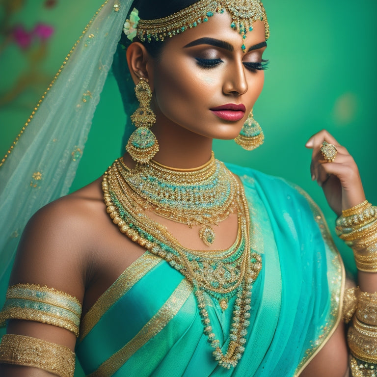 An intricate illustration of a dancer in a flowing white sari, adorned with intricate gold jewelry, set against a vibrant turquoise background with subtle Indian-inspired patterns.