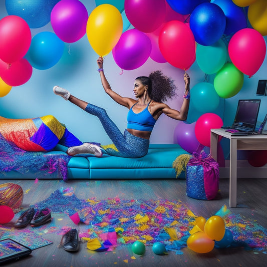 A vibrant illustration of a dancer in a bright, modern home studio surrounded by laptops, tablets, and smartphones, with dance shoes, headphones, and a yoga mat scattered around, amidst colorful balloons and confetti.