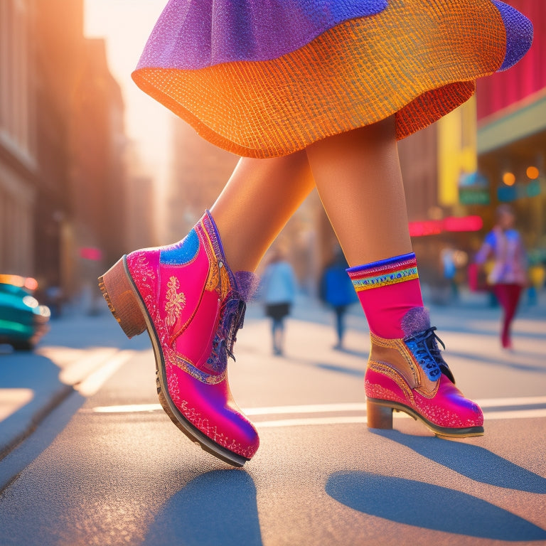 A whimsical illustration of a person wearing tap shoes, mid-stride, with rhythmic musical notes and taps radiating from their feet as they walk on a bright, sunny sidewalk lined with upbeat, colorful buildings.