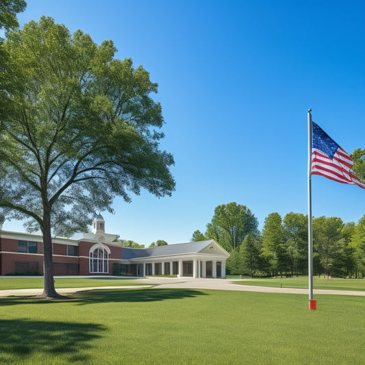 A serene landscape of a school building with a bright blue sky, lush green trees, and a subtle American flag waving in the gentle breeze, conveying a sense of community and learning.