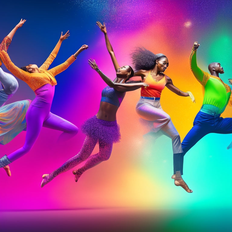 A colorful illustration of diverse people in various dance poses, overlapping and blending into each other, surrounded by faint musical notes and subtle sparkles, conveying energy and joy.