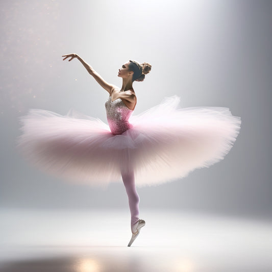 A delicate pink ballet dancer's silhouette in various poses, set against a soft white or cream-colored background, surrounded by subtle, scattered glitter and faint music notes.