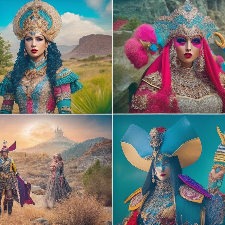 A vibrant collage showcasing an array of intricate cosplay outfits inspired by various cultures, featuring bold colors, elaborate fabrics, and enchanting accessories, set against a whimsical backdrop of fantasy landscapes and iconic pop culture elements.