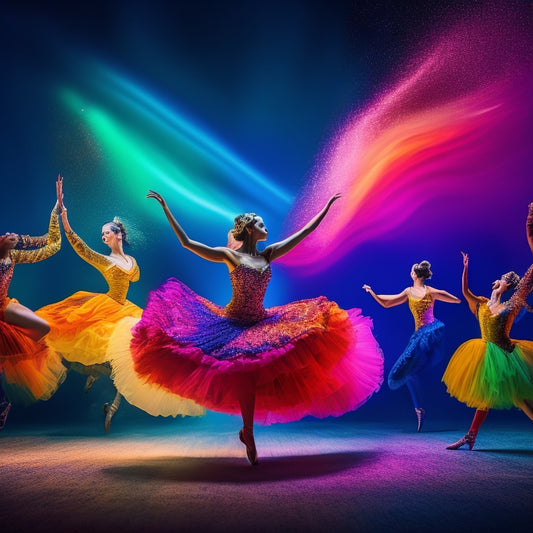 Vibrant spotlights shine on a darkened stage, where dancers in colorful costumes leap, twirl, and pose, surrounded by swirling fabric, confetti, and dramatic shadows, capturing the energy of a lively performance.