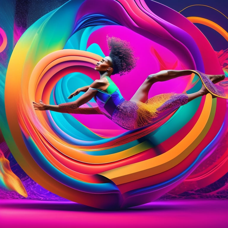 A vibrant, abstract background with swirling shapes and colors, overlaid with a stylized dancer in motion, surrounded by scattered Photoshop icons and design elements in bold, neon hues.