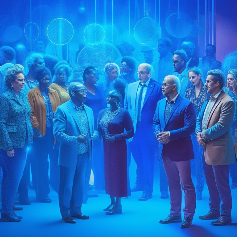 A stylized illustration of a studio owner standing in the center, surrounded by a diverse group of people from different age groups and ethnicities, all connected by glowing blue lines, symbolizing a strong online community.