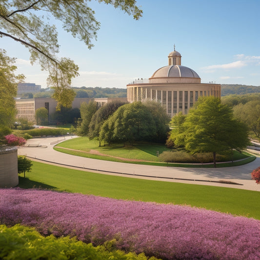 A vibrant, sunlit image of the Carnegie Mellon University campus, with the School of Drama building's modern, curved architecture in the foreground, surrounded by lush greenery and blooming flowers.