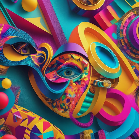A vibrant, abstract illustration featuring swirling melodies of music notes, comedy masks, and film reels intertwined with bright colors, geometric shapes, and bold lines, conveying creative energy and inspiration.