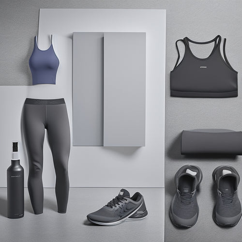 A minimalist, monochromatic background with a laid-out arrangement of essential workout clothing items: a sleek black sports bra, fitted leggings, moisture-wicking tank top, and a pair of high-ankle running shoes.