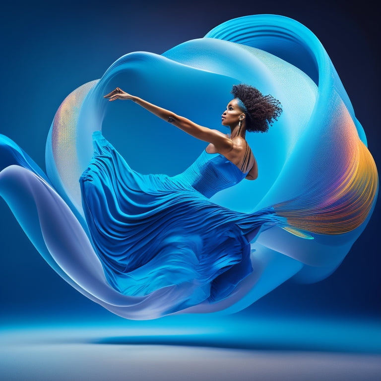 A dynamic illustration featuring a central figure in a powerful dance pose, surrounded by swirling shapes and lines that evoke movement and energy, set against a vibrant, gradient blue background.