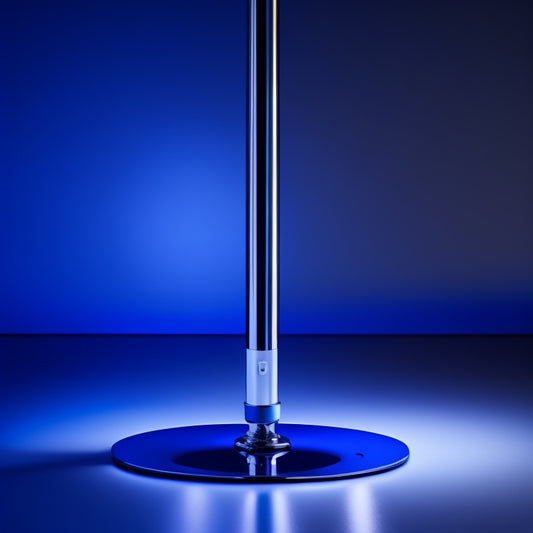 A stylized illustration of a sleek, chrome dance pole with a spinning top section, a static middle section, and a removable bottom section, set against a dark, gradient blue background with subtle stage lighting.