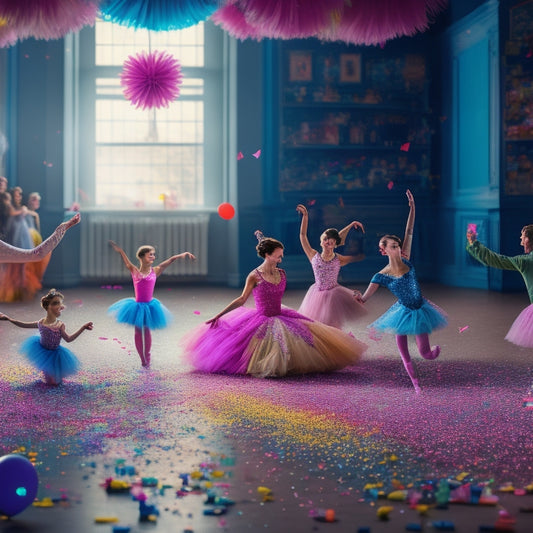 A whimsical illustration of a ballet studio with colorful ballerinas, tutus, and dancing shoes scattered around, amidst confetti and balloons, surrounded by crayons and paintbrushes, with a subtle sparkle effect.